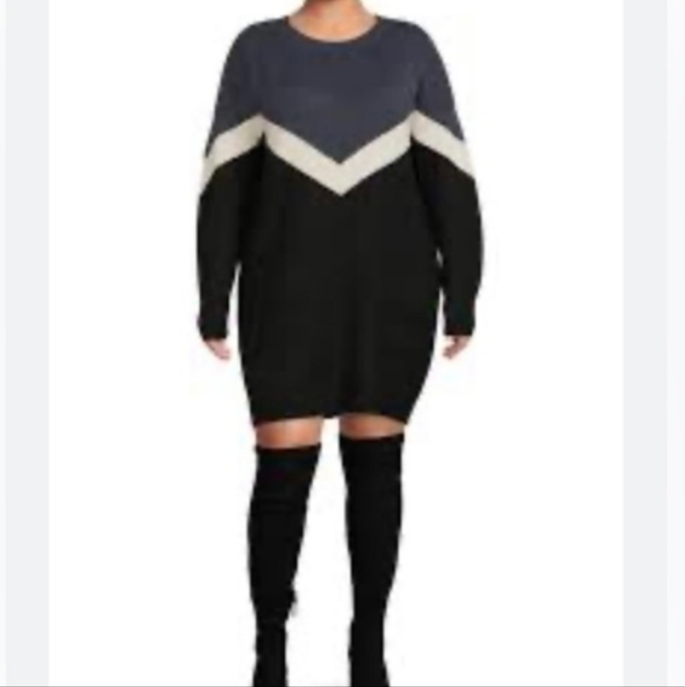 Terra & Sky 0x 14w Ribbed Sweater Dress Black & Gray Cream Chevron Plus Winter